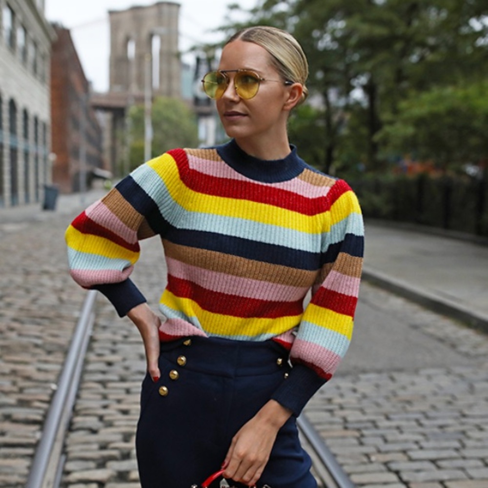 Halogen Multicolor Striped Crew Neck Sweater